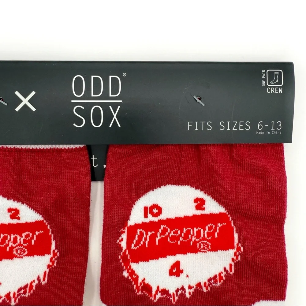 Odd Sox Dr Pepper Crew Socks Mens Womens Soda Bottle Caps Red White Fun Gift